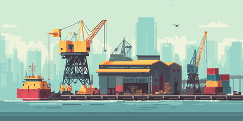 A stylized illustration of a bustling industrial harbor with large yellow cranes, a cargo ship, and shipping containers.