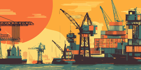 Stylized industrial port with towering cargo cranes, shipping containers, and ships at sunset.