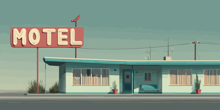 Illustrated retro roadside motel with a large red sign and teal trim.