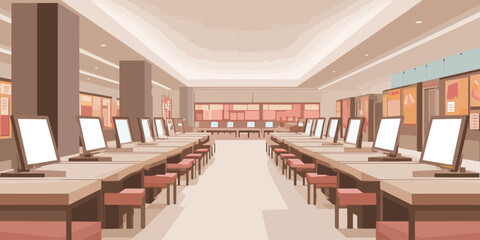 Stylized illustration of a modern library computer lab with rows of desks and monitors.
