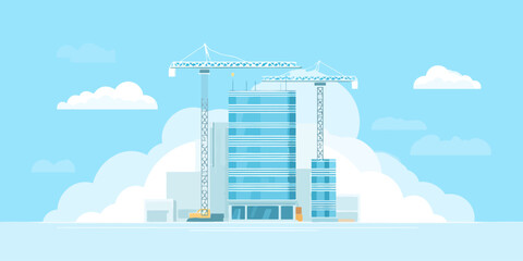 Modern glass skyscraper under construction with two large tower cranes, a flat vector illustration.