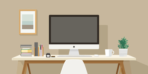 Flat design illustration of a modern home office workspace with a computer, books, and a potted plant on a wooden desk.