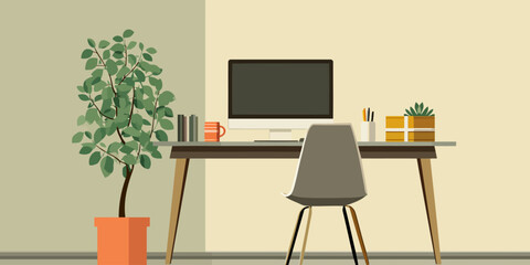 Fototapeta premium Stylish home office interior with a modern desk, computer, and potted plants in a flat design style.