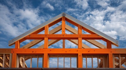 Wooden roof truss framing against blue sky