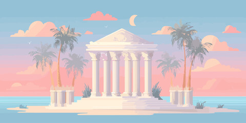 Obraz premium A majestic white classical temple with ornate columns and pediment, flanked by palm trees.