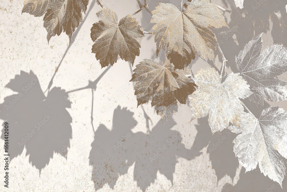Poster shadows of autumn leaves casting delicate patterns on a textured background in soft sunlight
