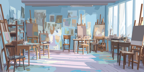 Fototapeta premium Sunlit artist's studio illustration with wooden easels, canvases, and a paint-splattered floor.