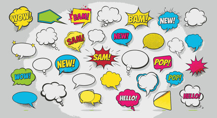 Vibrant comic book speech bubbles pop with excitement, conveying messages like WOW, BAM, NEW, POP, HELLO!