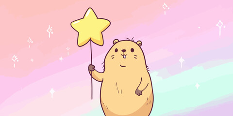 A smiling, chubby cartoon gopher with buck teeth holding a large yellow star wand.