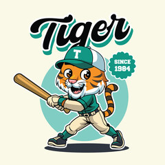 Cute Tiger in a baseball uniform holding a bat character illustration