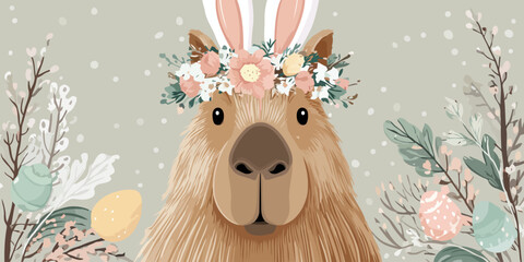 Naklejka premium Illustrated portrait of a cute capybara wearing a pastel floral crown and pink bunny ears for Easter.