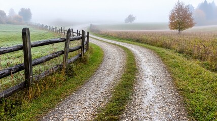 Fototapeta premium Foggy village road curving between fields with wooden fence and trees in subtle early morning light