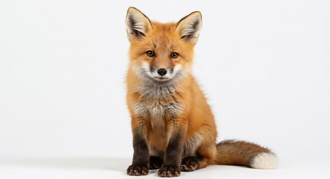Renard roux adorable pose calme lumiere douce fond blanc. AI Generated