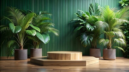 Fototapeta premium Indoor jungle with lush green plants and a wooden display podium against a green wall