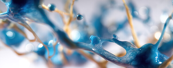 Vibrant blue and gold fluid shapes intertwine in an abstract design showcasing fine details and textures