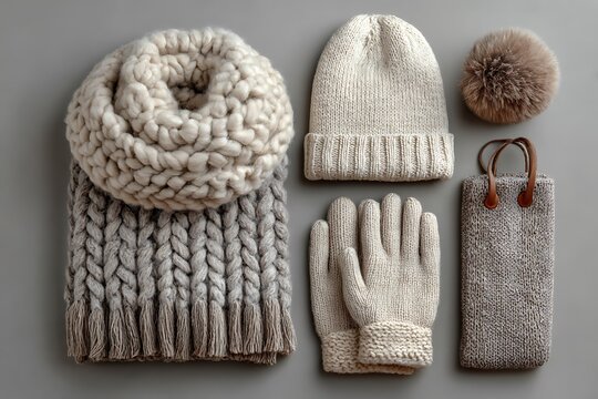 Neutral toned winter accessories flatlay scarf gloves hat  
