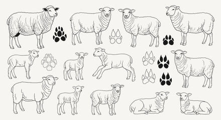 Line art illustration featuring various sheep poses, with paw prints, on a neutral background.