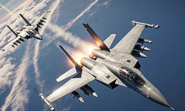 Modern fighter aircraft with afterburners in clouds - Modern Fighter Jets in Sky