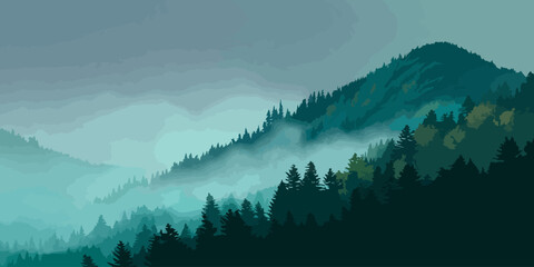 Layered vector illustration of a misty mountain range with evergreen forest silhouettes in cool blue and green tones.