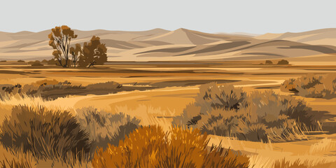 Stylized illustration of a vast, arid desert landscape with golden grasses and distant sandy hills.