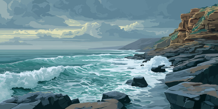 Dramatic pixelated seascape with crashing turquoise waves on a rugged, rocky shore under a cloudy sky.