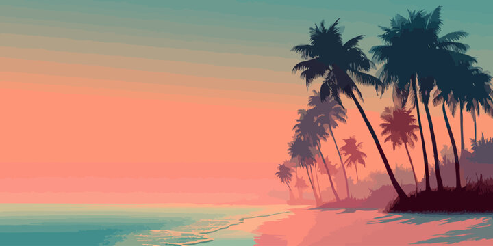 Silhouetted palm trees on a tropical beach against a vibrant, posterized sunset sky.