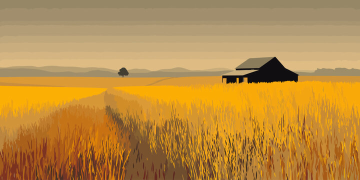 Stylized vector illustration of a rural landscape with a silhouetted barn in a golden field.