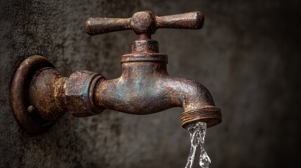 Vintage rusty water faucet with dripping water on weathered concrete background