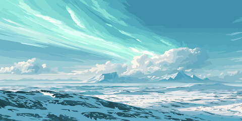 Fototapeta premium Digital painting of a vast, icy arctic landscape with a dramatic, sweeping turquoise sky.