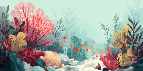 Colorful underwater seascape illustration with vibrant red coral, seaweed, and a school of small orange fish.