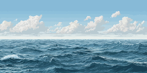 Panoramic seascape illustration of a choppy blue ocean with dynamic waves under a cloudy sky.