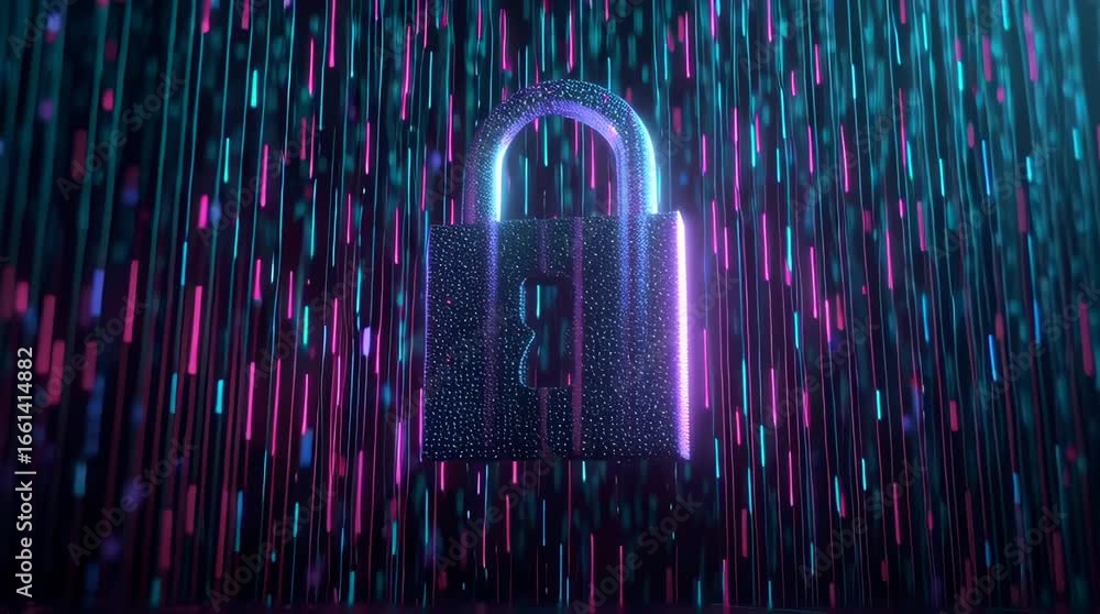 Fototapete futuristic glowing neon padlock floating in digital rain of colorful matrix code symbolizing cyberse