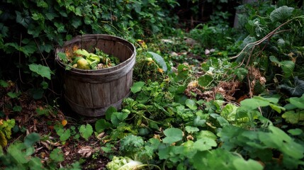 Rustic wooden barrel filled with organic food scraps and green garden waste. Natural composting process for healthy soil in a lush outdoor environment.