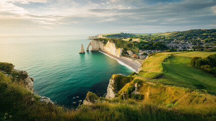Obraz premium Étretat, Normandy, France, iconic white chalk cliffs and dramatic natural arch seen from the sea, captured at water level