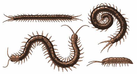 Illustration depicting four centipedes in different poses: straight, curled, wavy, and low profile.