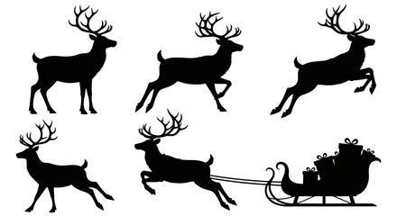 Silhouettes of reindeer in various poses, including running and pulling a sleigh, perfect for Christmas design.