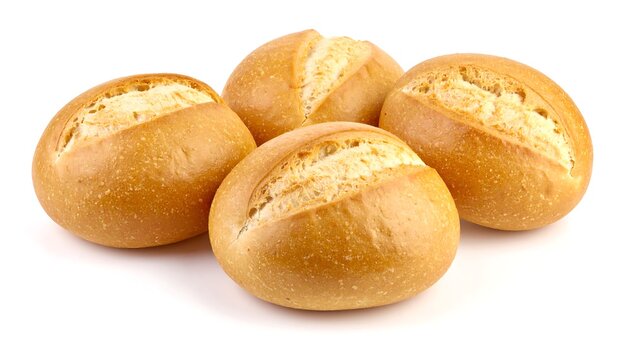 Four golden-brown bread rolls on white background