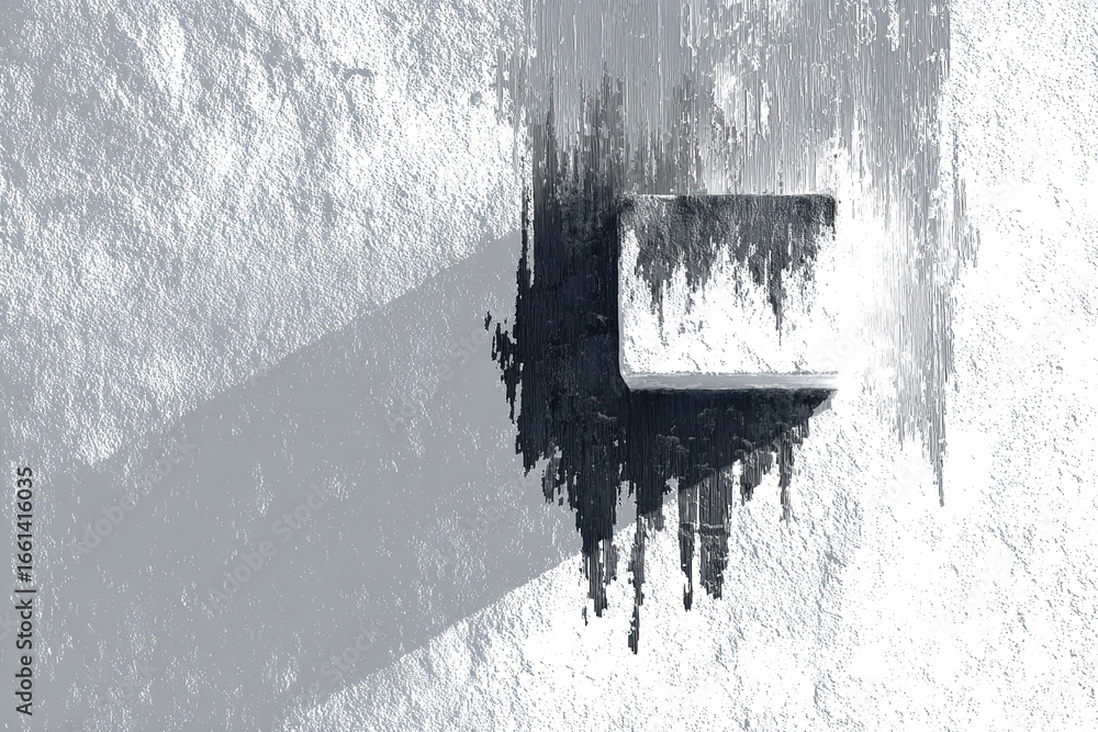 Poster wall with dripped paint creating abstract patterns in black and white