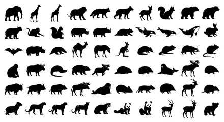 Fototapeta premium Collection of diverse animal silhouettes, black on white background.