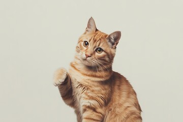 Obraz premium Cute ginger tabby cat raising paw with curious expression on background