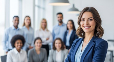 Fototapeta premium Confident Businesswoman Leading Her Diverse Team with a Bright, Assured Smile