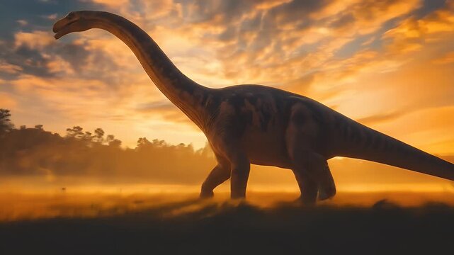 Majestic long necked dinosaur stands in golden wheat field at breathtaking sunrise majestic silhouette against warm light captivating scene