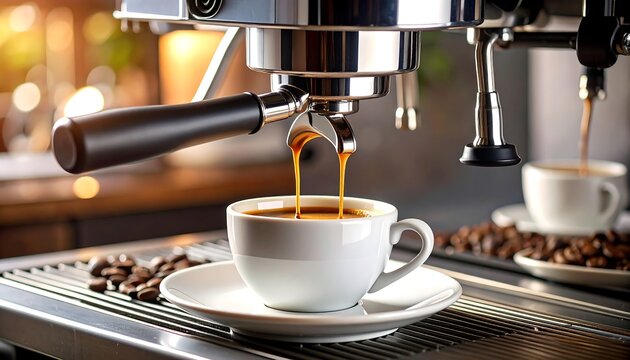 Espresso Machine Brewing Rich Coffee into a White Cup with Coffee Beans.