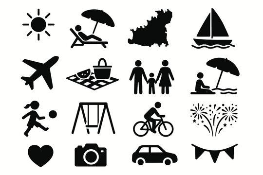 Summer Bank Holiday Solid Black Silhouette Icon Set Collection on White Background