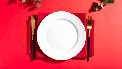 Elegant Empty Plate with Gold Cutlery on Red Background