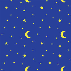 A seamless pattern depicting moons and stars on a blue background.