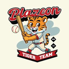 Tiger baseball player smiling confidently while holding a bat in cartoon illustration