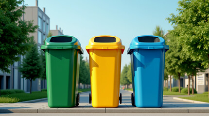 Photo of modern trash bins in an ecologically clean urban environment.