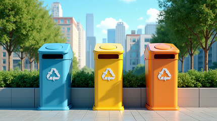 Photo of modern trash bins in an ecologically clean urban environment.
