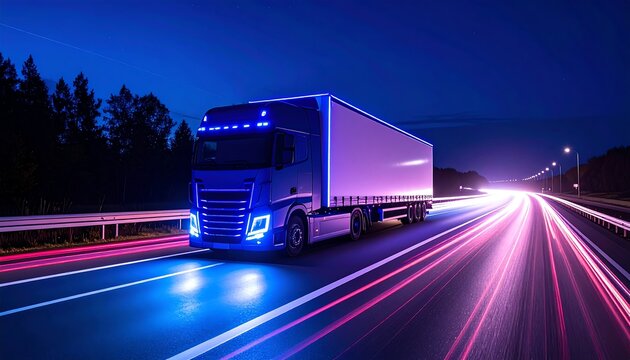 Futuristic transport concept truck on the highway at night motion blur illumination